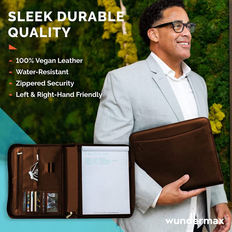 Wundermax Vegan PU Leather Portfolio with Zipper - Business Notebook Organizer for Resume - Padfolio for Men & Women w/Notepad Compatible with 10" iPad/Tablet Pocket Aesthetic School Suppliers, Brown - Image 5